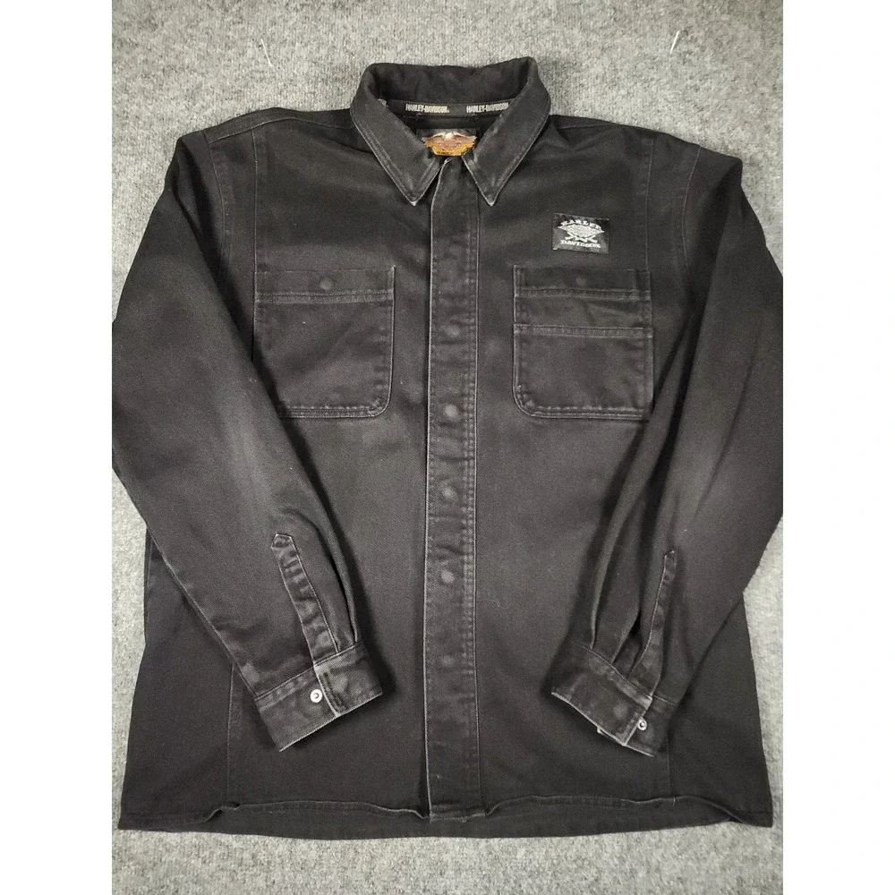 Harley Davidson Vintage 2003 Men Black Canvas Work Shirt Jacket Logo 96120-04VM